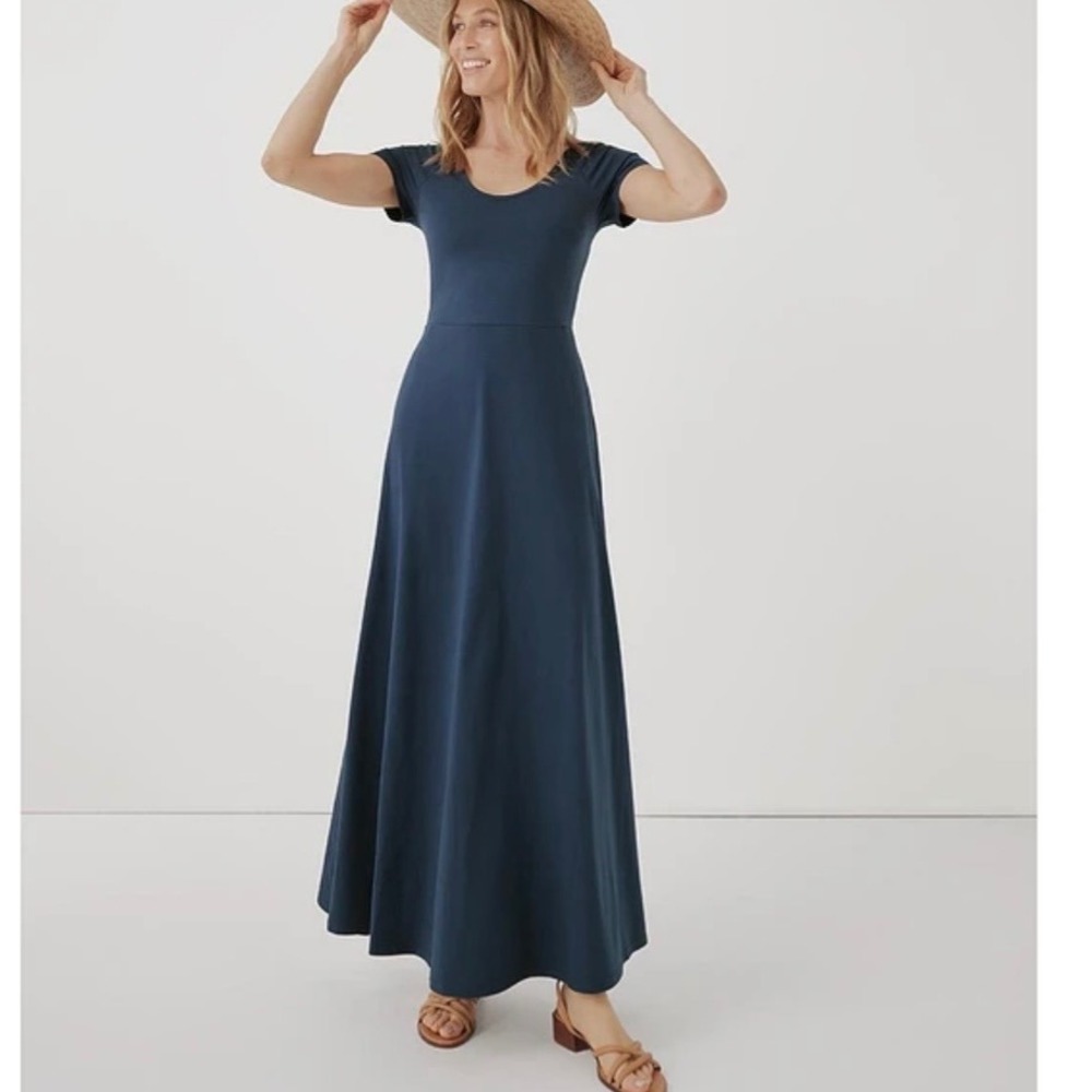 Pact Organic Cotton Fit & Flare Cross Open Back Maxi Dress S Minimalist Coastal - Picture 1 of 9